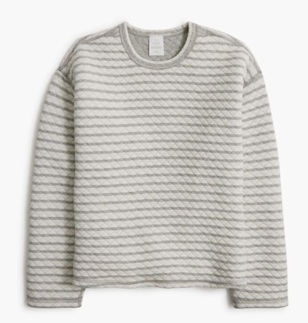 J.Crew Reversible Quilted Pullover Sweater WMNS M Heather Graphite Ivory Stripe
